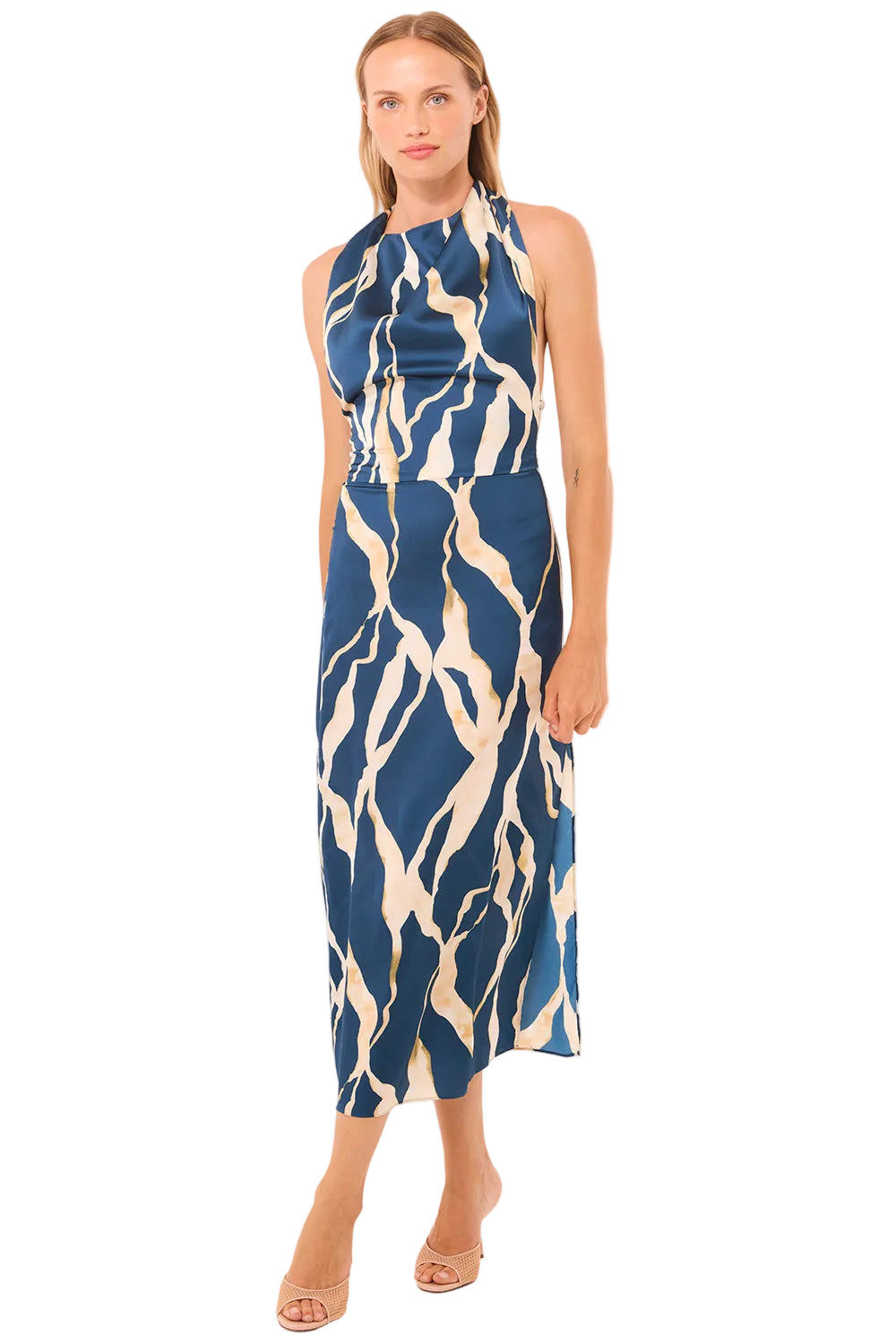 Abstract Satin Halter Midi Dress